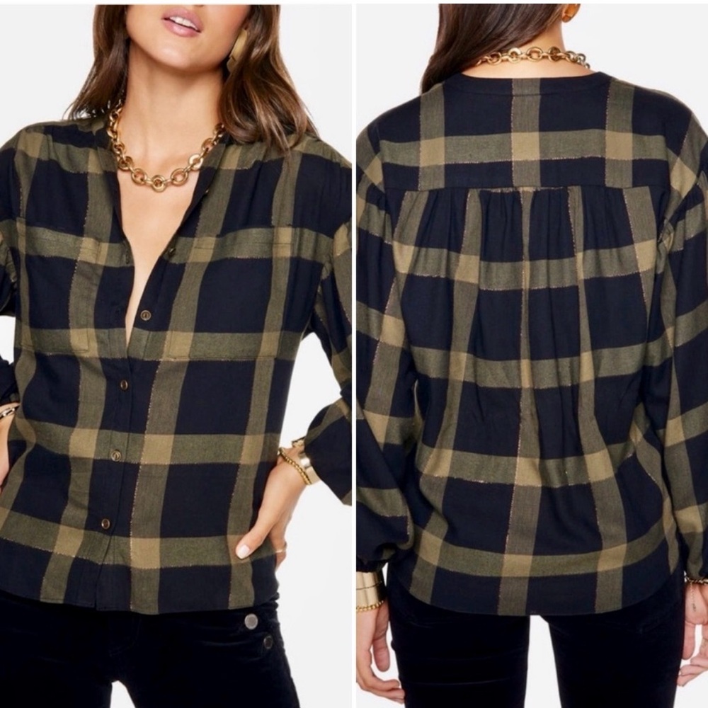 Ramy Brook Belinda Balloon Sleeve Button Up Plaid Top ~Olive Sparkle Sz Lg